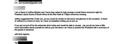 US Department of Justice A screengrab of an email describing the invitation to dinner with Jacob Zuma